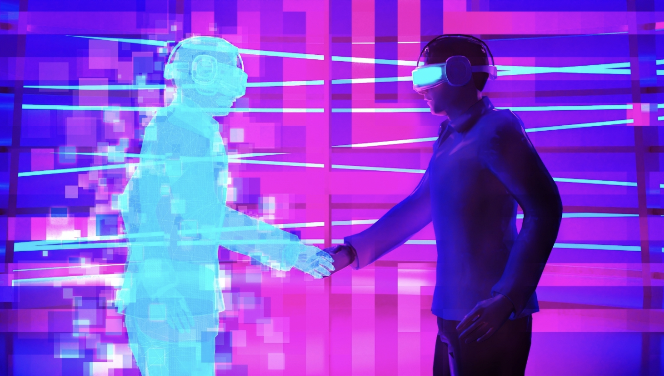 A person wearing a VR headset shakes hands with a glowing, pixelated hologram figure amid vibrant digital patterns, capturing the futuristic spirit of Digital Marketing 101 in a vivid metaverse environment.