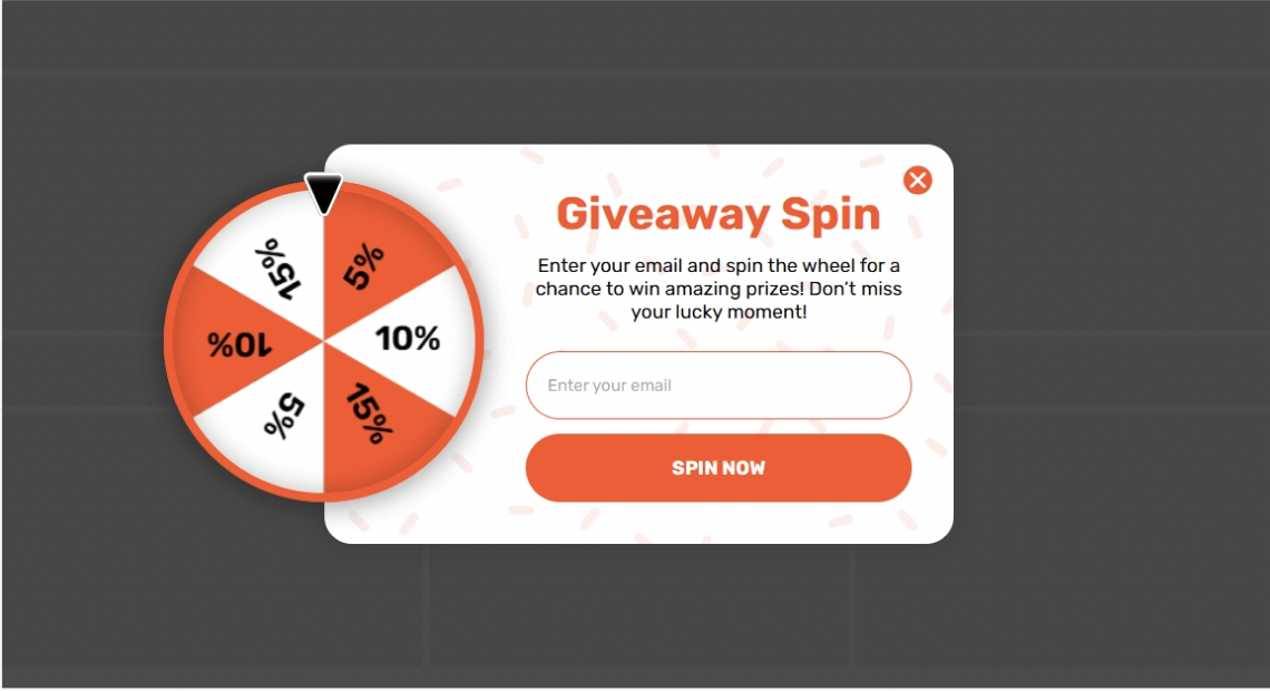 A promotional popup featuring a red-and-white spin wheel titled "Giveaway Spin," prompting users to enter their email for a chance to win discounts ranging from 5% to 15% off.