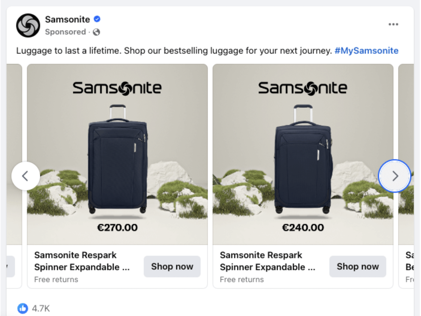 Two ads for Samsonite Respark Spinner Expandable luggage are shown side by side, perfect for a Digital Marketing 101 campaign, each featuring a navy blue suitcase on a light background with green moss. Prices are €270.00 and €240.00.