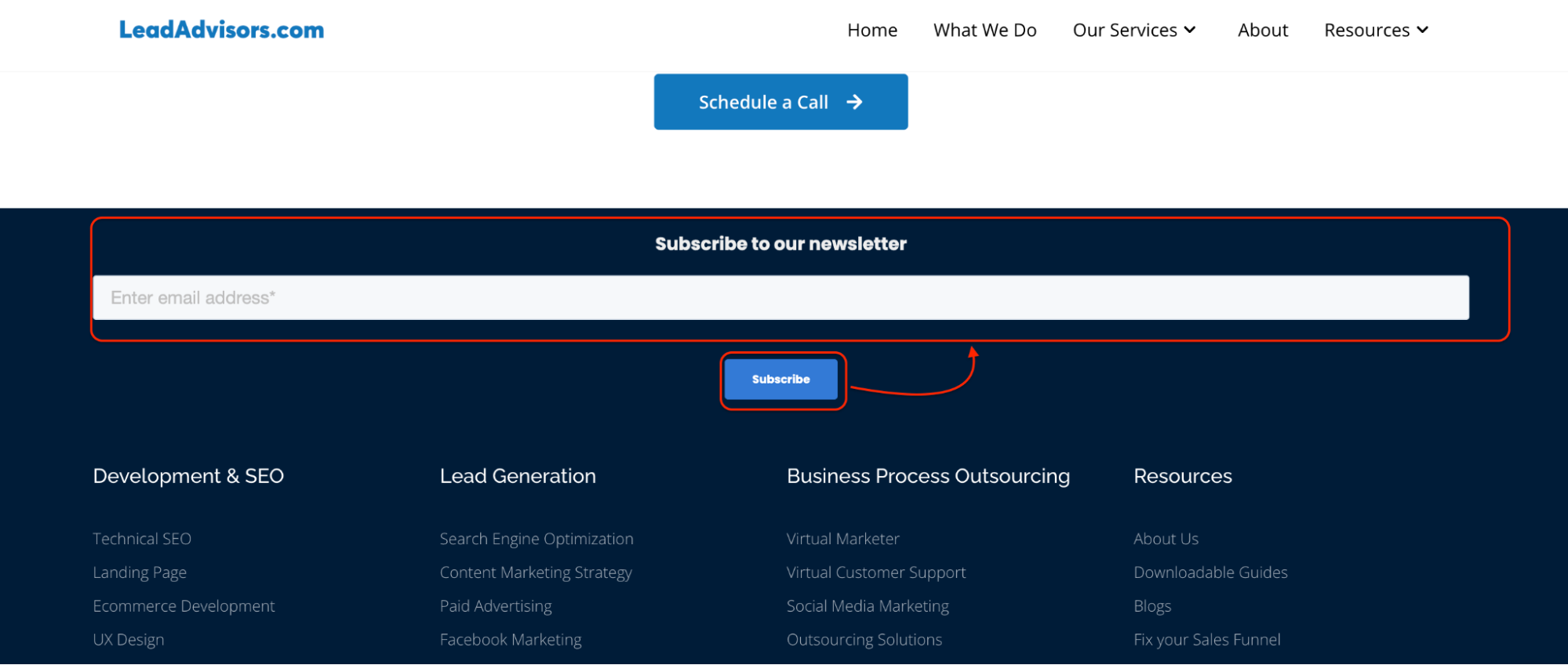 The footer of LeadAdvisors.com featuring a dark blue newsletter subscription bar with a field to enter an email address and a blue "Subscribe" button.