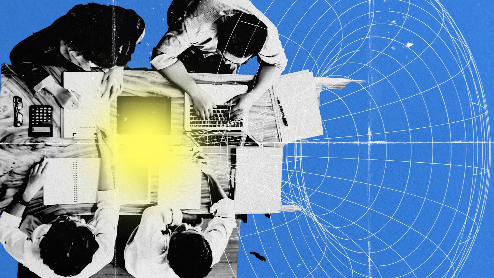 Four people sit around a table working on laptops and notebooks, viewed from above. A yellow glow highlights the center, while "What is Digital Marketing?" appears beside a white geometric grid on a blue background to the right.