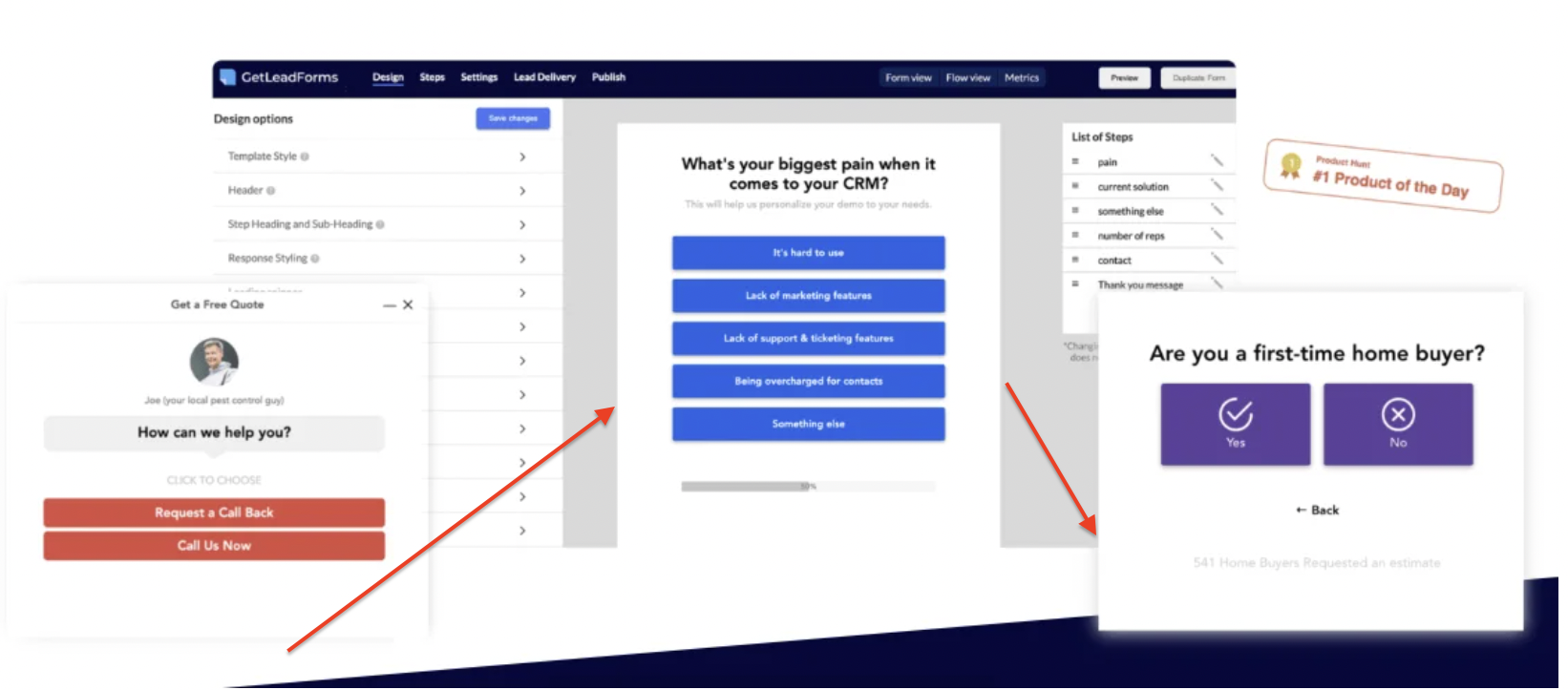 A collage of GetLeadForms’ interface showcasing a customizable lead form builder with multi-step form previews, including a CRM pain point questionnaire, a callback request for a pest control service, and a home buyer inquiry prompt.