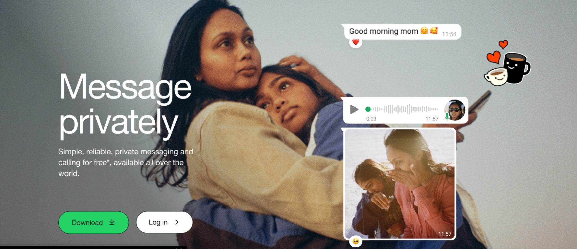A woman holds a child closely while looking into the distance. Overlayed text reads Message privately, with app download and log in buttons below. Chat and voice message graphics appear on the right, evoking themes from Digital Marketing 101.