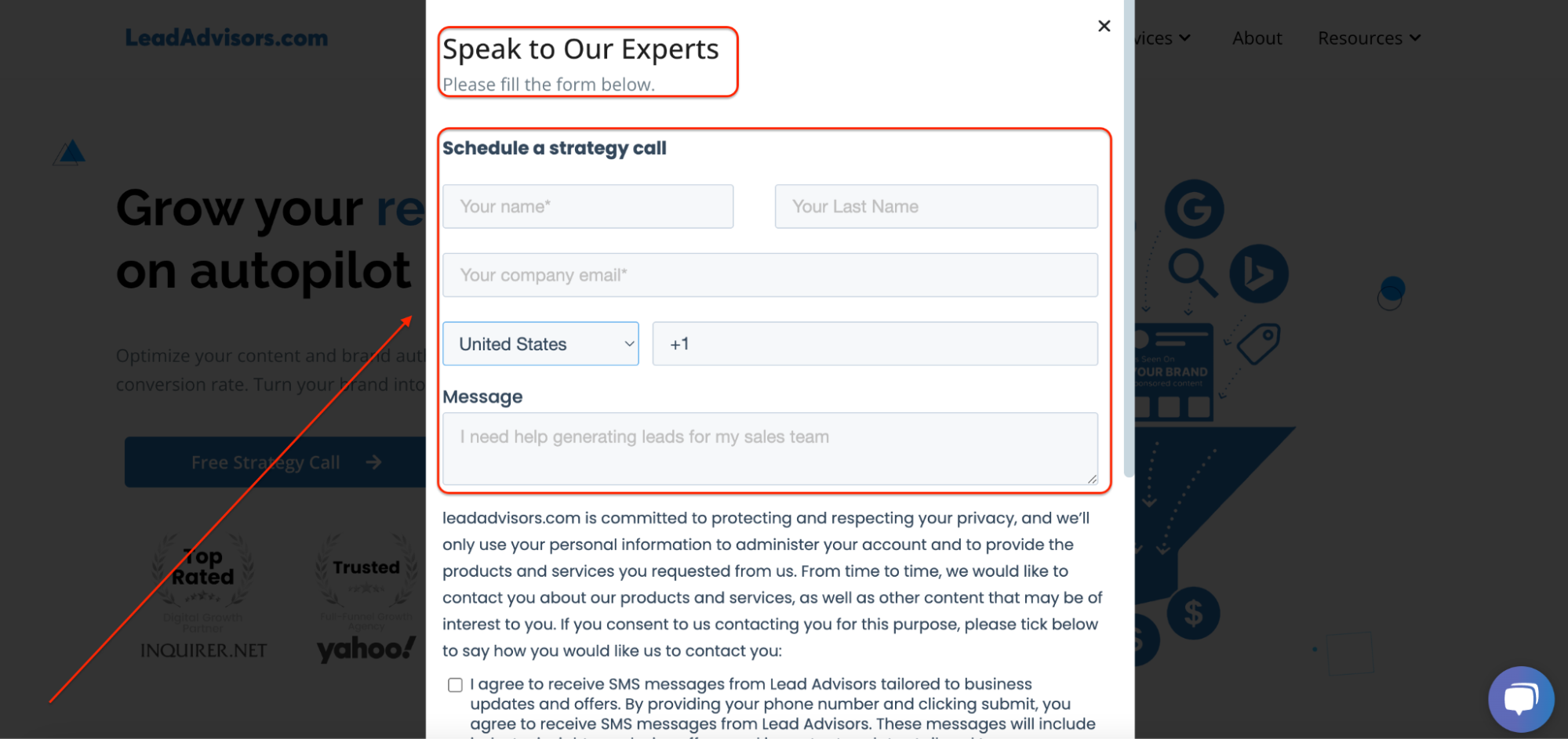 A LeadAdvisors.com pop-up form titled “Speak to Our Experts” inviting users to schedule a strategy call by entering their name, company email, phone number, and a brief message.