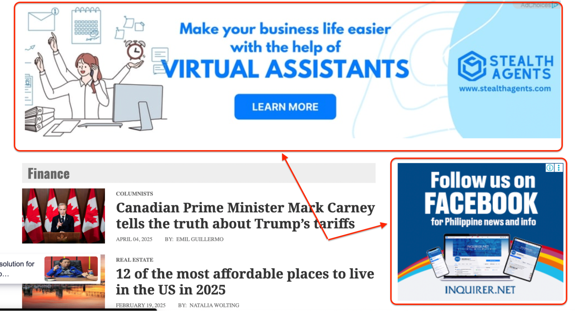 A webpage displays ads for virtual assistants and tips like “What is Digital Marketing?”, alongside Inquirer.net’s Facebook updates and news on Mark Carney on Trump’s tariffs, plus affordable US cities to live in for 2025.