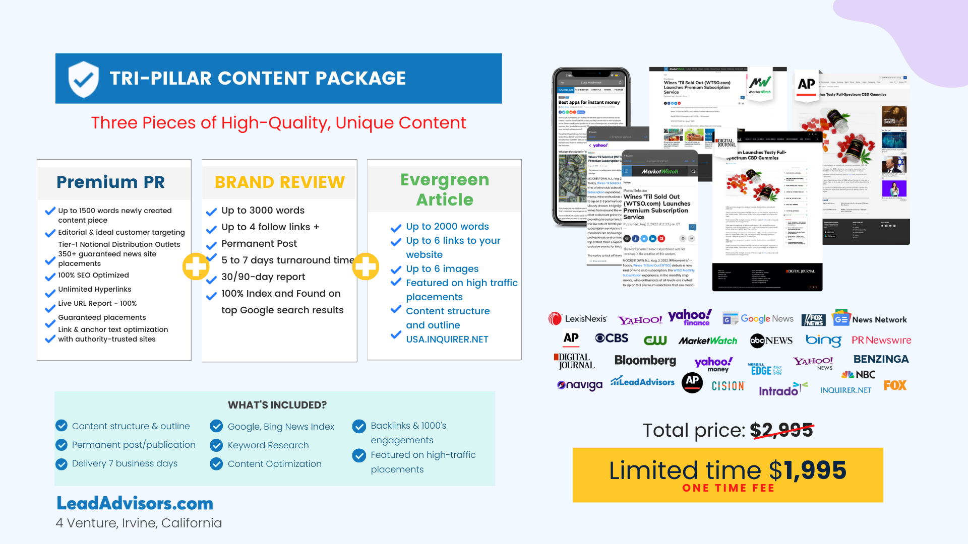 A promotional graphic for a Tri-Pillar Content Package featuring services like Premium PR, Brand Review, and Evergreen Article—perfect for those exploring Digital Marketing 101. Includes media logos, service details, savings highlights, and a $1,995 limited-time offer.