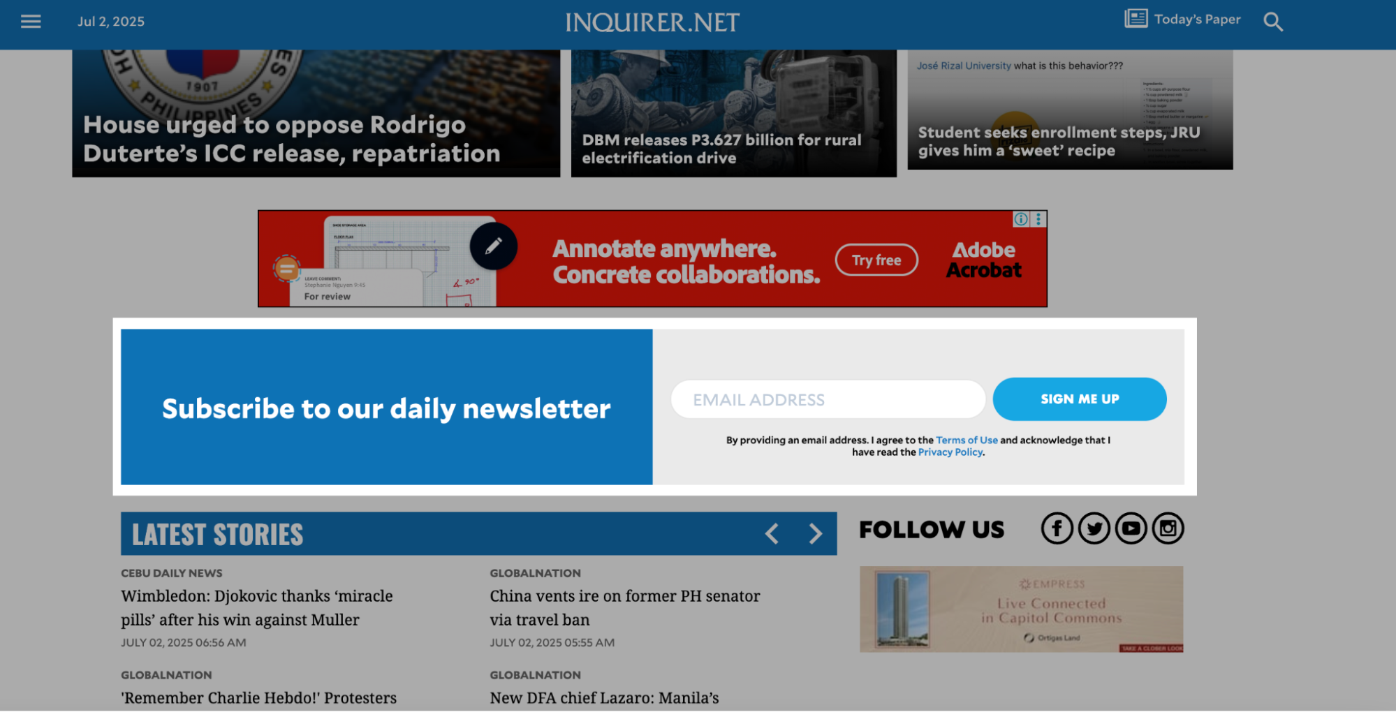 A newsletter subscription banner on the Inquirer.net website prompting users to enter their email address and click "Sign Me Up" beneath the headline “Subscribe to our daily newsletter.”