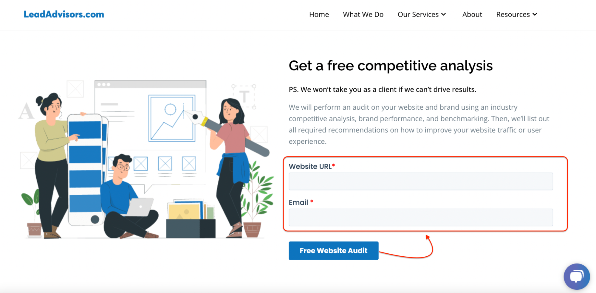 A webpage from LeadAdvisors.com offering a free competitive analysis, featuring an illustration of a team designing a website and a form prompting users to enter their website URL and email for a free website audit.