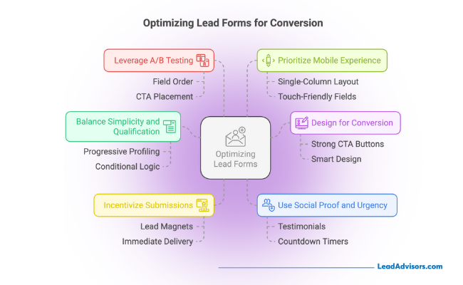 An infographic titled “Optimizing Lead Forms for Conversion” by LeadAdvisors.com, illustrating six key strategies: A/B testing, mobile experience, simplicity and qualification, design for conversion, incentivizing submissions, and using social proof and urgency.