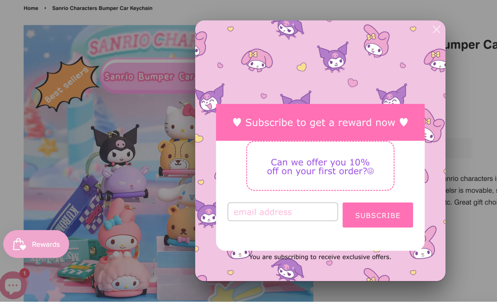 A kawaii-themed Sanrio subscription popup offering 10% off the first order in exchange for an email address, featuring pastel colors, heart icons, and characters like Kuromi and My Melody in the background.