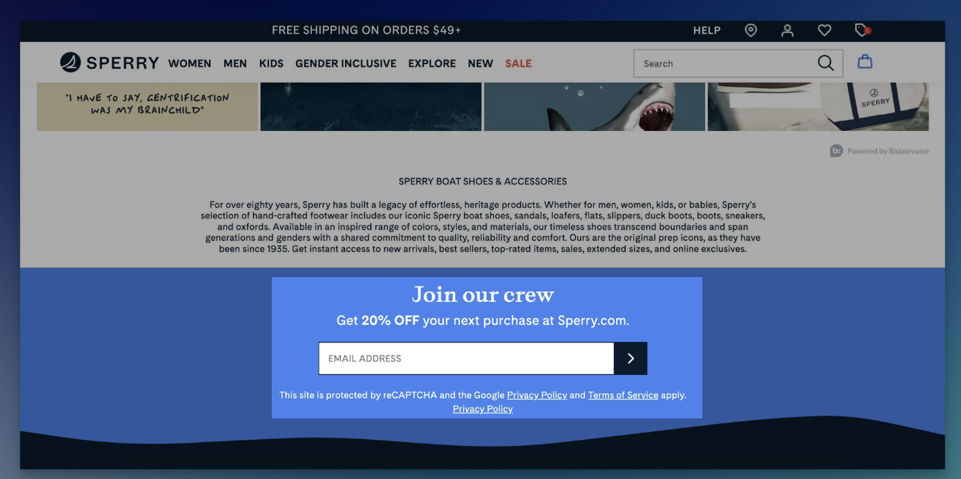 A subscription popup on Sperry.com encouraging users to “Join our crew” by entering their email address to receive 20% off their next purchase, with legal notices about reCAPTCHA and privacy policies.