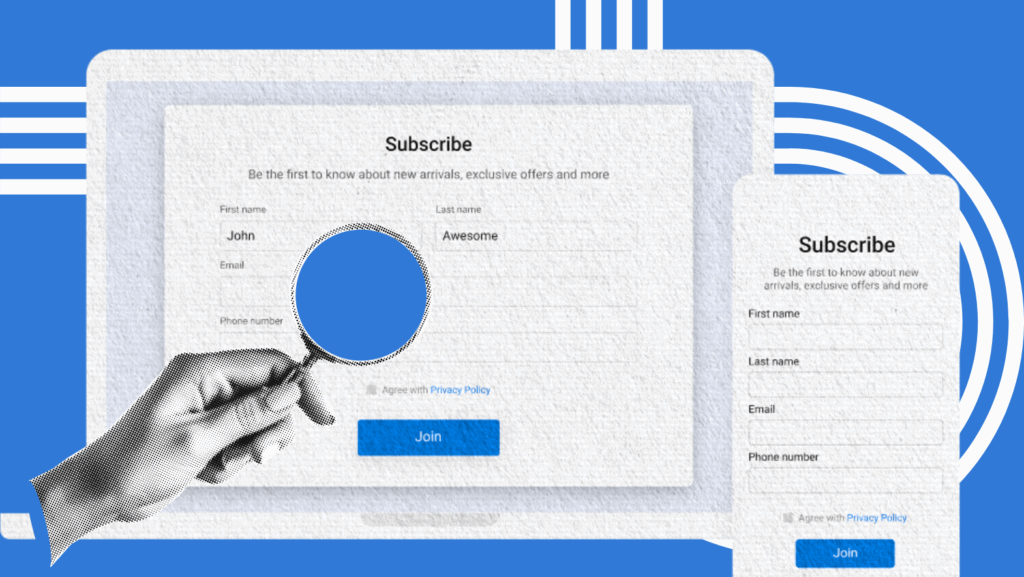 A digital subscription form mockup displayed on a laptop and smartphone screen, with a hand holding a magnifying glass highlighting the name field filled with "John Awesome."
