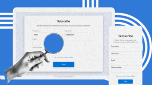 A digital subscription form mockup displayed on a laptop and smartphone screen, with a hand holding a magnifying glass highlighting the name field filled with "John Awesome."
