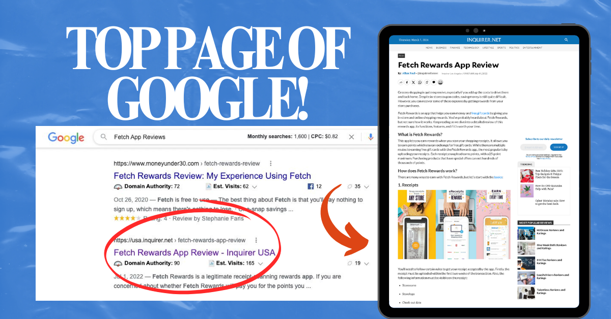 Fetch Rewards App Review ranking on the top page of Google alongside a preview of the Inquirer.net article.