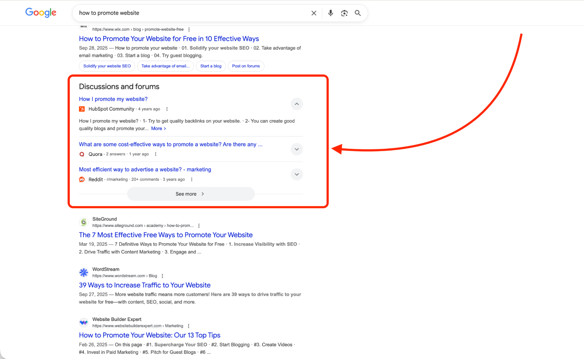 Google search results highlighting discussion forum snippets from HubSpot, Quora, and Reddit.