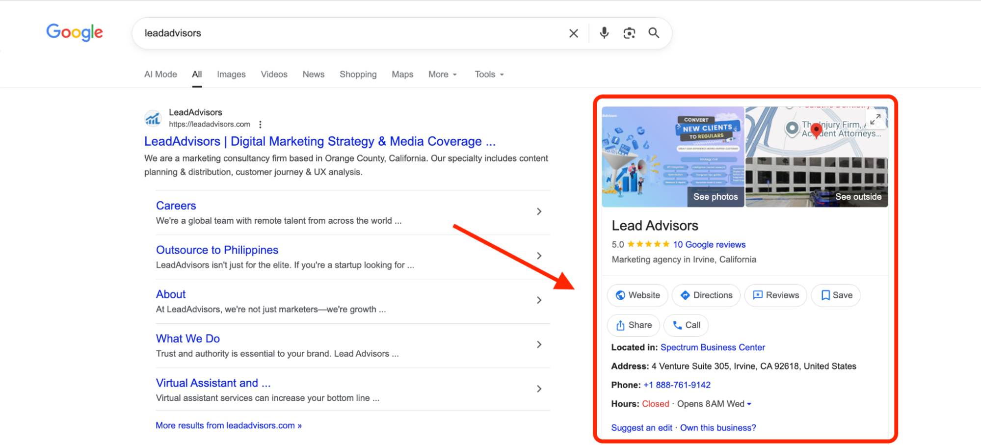 Google Knowledge Panel for Lead Advisors displaying location, reviews, hours, and business information.