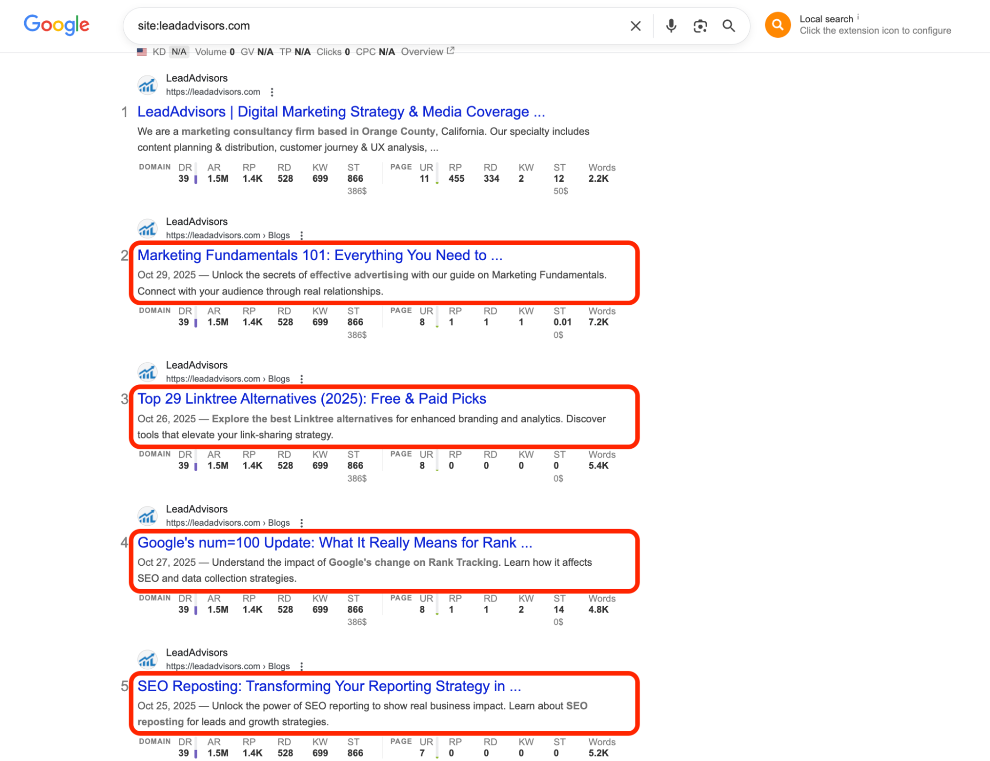 Google search results showing LeadAdvisors blog posts ranking on the first page for key marketing topics.