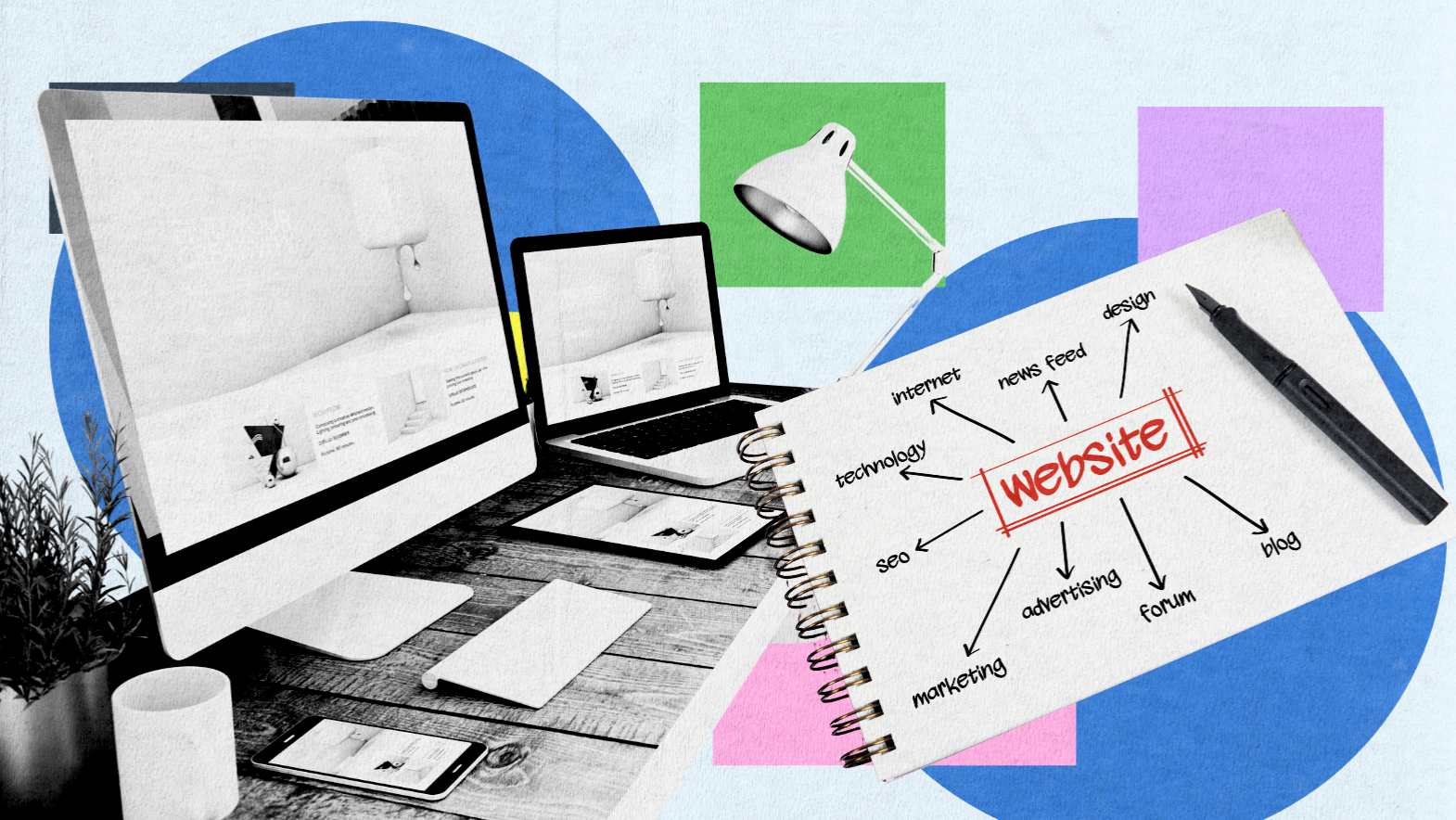 Creative collage of website design elements including desktop, laptop, smartphone screens, and a planning notebook.
