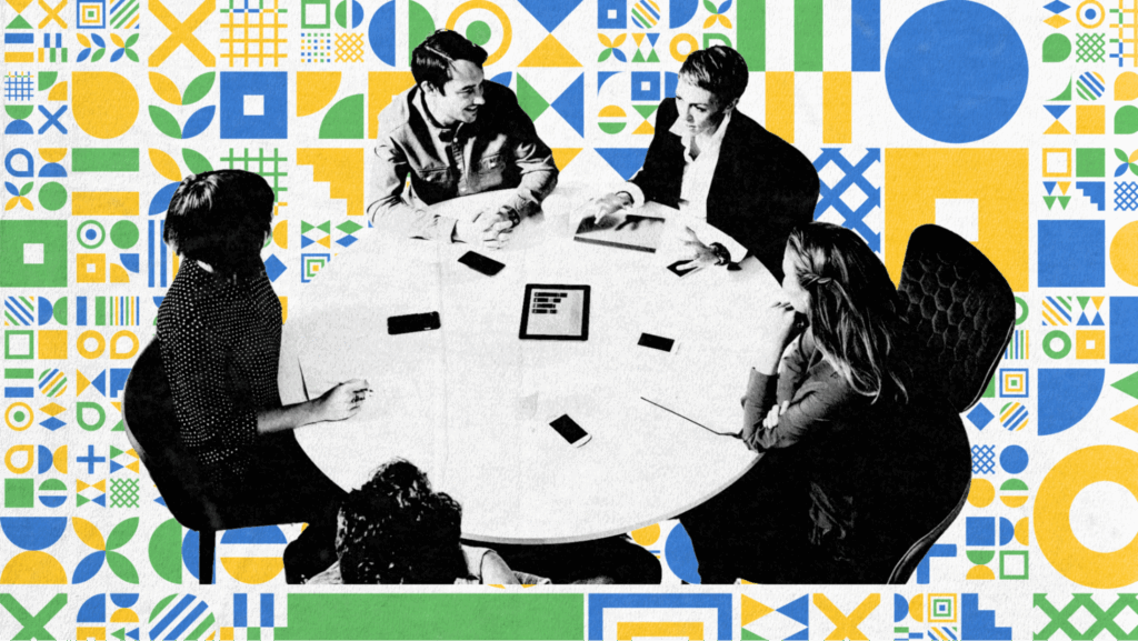 Creative depiction of a diverse team collaborating around a table, symbolizing inclusivity and teamwork within a multicultural workplace environment.