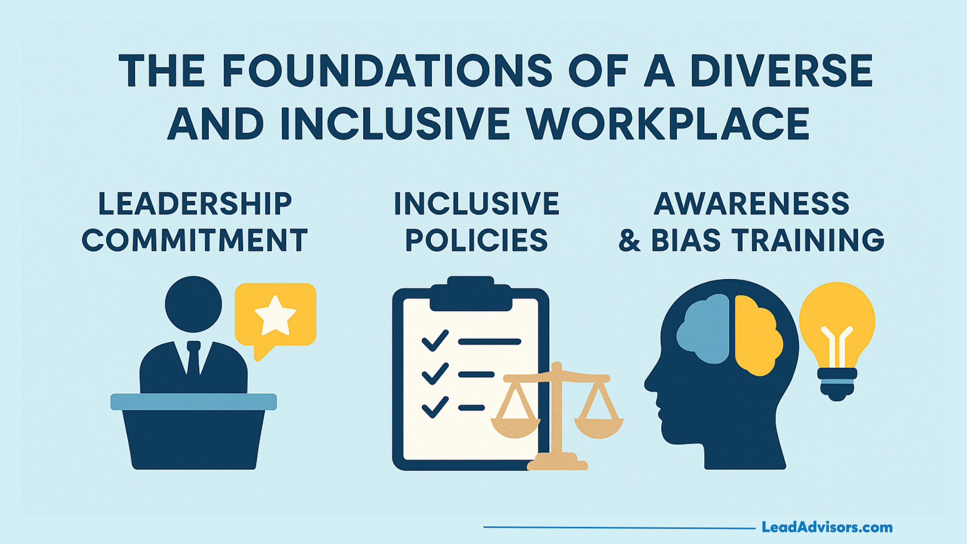 Illustration explaining the key foundations of a diverse and inclusive workplace: leadership commitment, inclusive policies, and awareness training.