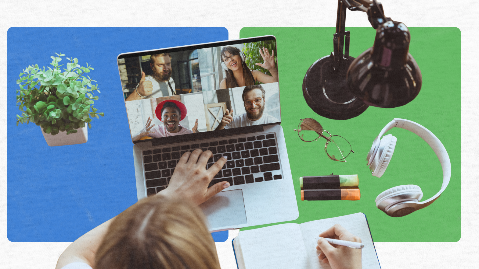 A person writes in a notebook while working remotely and participating in a video call on a laptop. Four people are visible on the call. Nearby are a plant, headphones, markers, and a desk lamp on a colorful background.