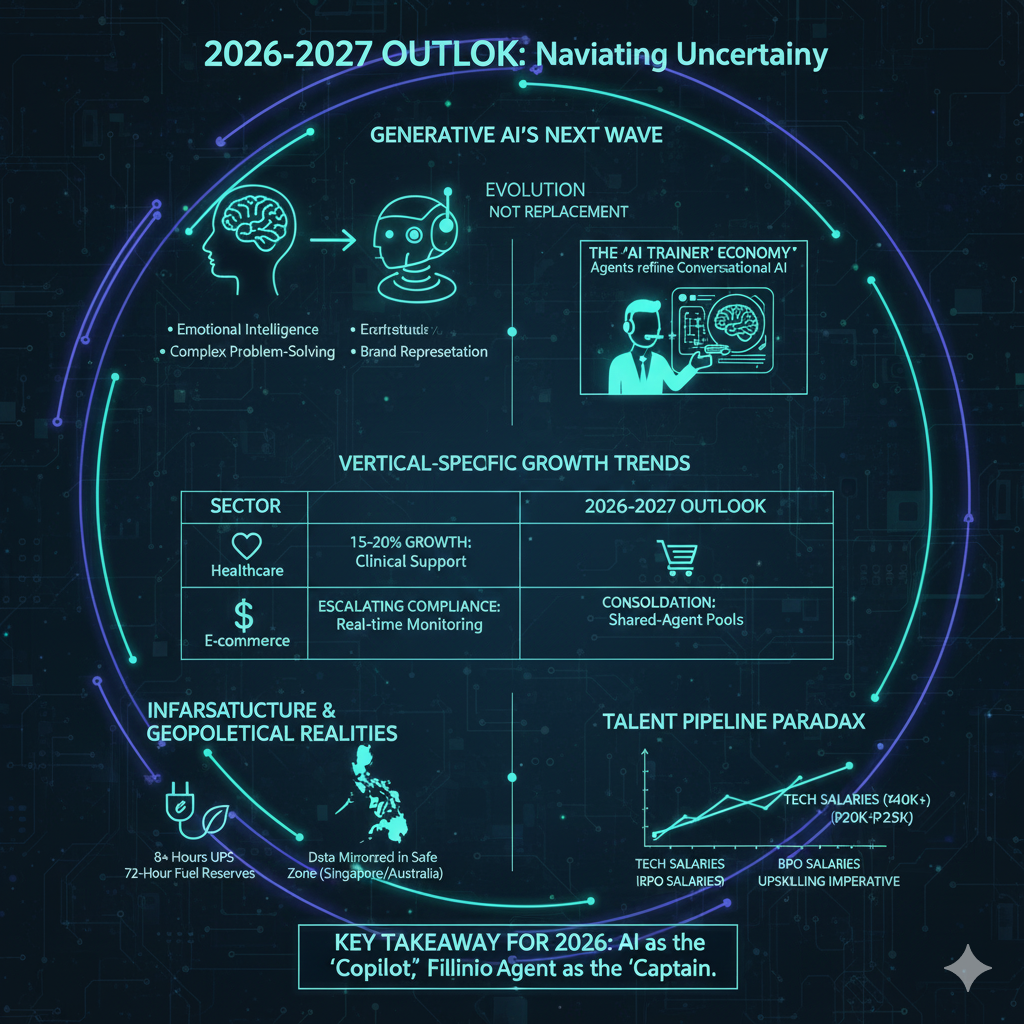 Infographic detailing 2026-2027 BPO outlook including generative AI evolution, vertical growth trends in healthcare and e-commerce, infrastructure realities, and talent pipeline challenges.