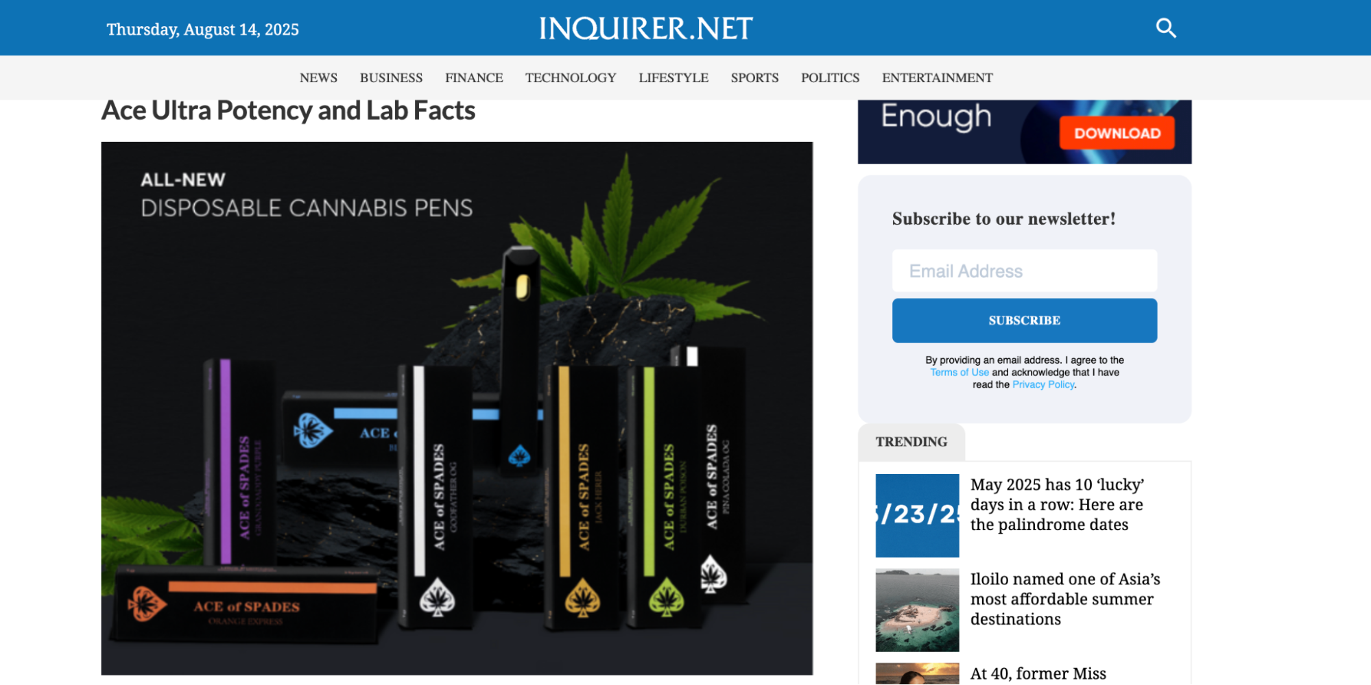 Screenshot of an Inquirer.net article titled 'Ace Ultra Potency and Lab Facts' showing Ace of Spades branded disposable cannabis pens with a cannabis leaf in the background.