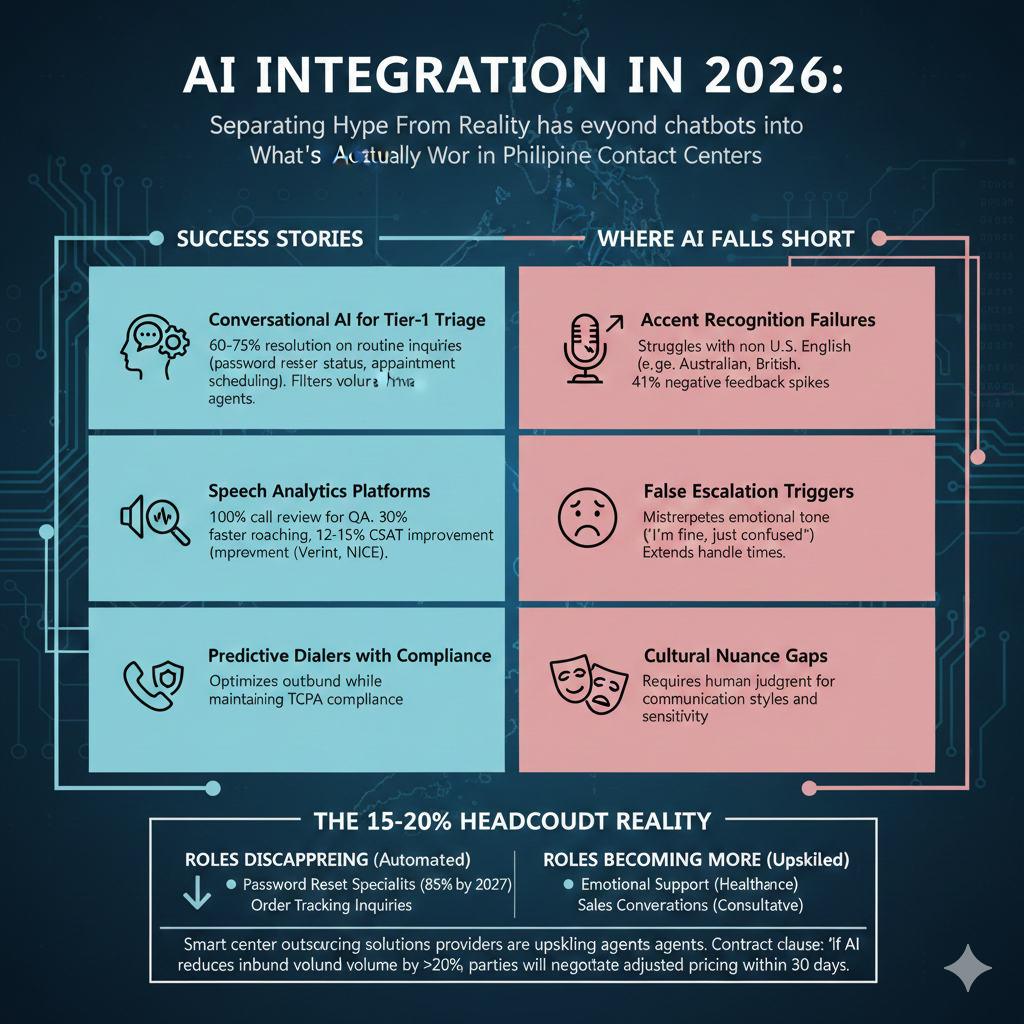 Infographic comparing AI integration success stories versus failures in Philippine contact centers, including conversational AI, speech analytics, and automation headcount realities.