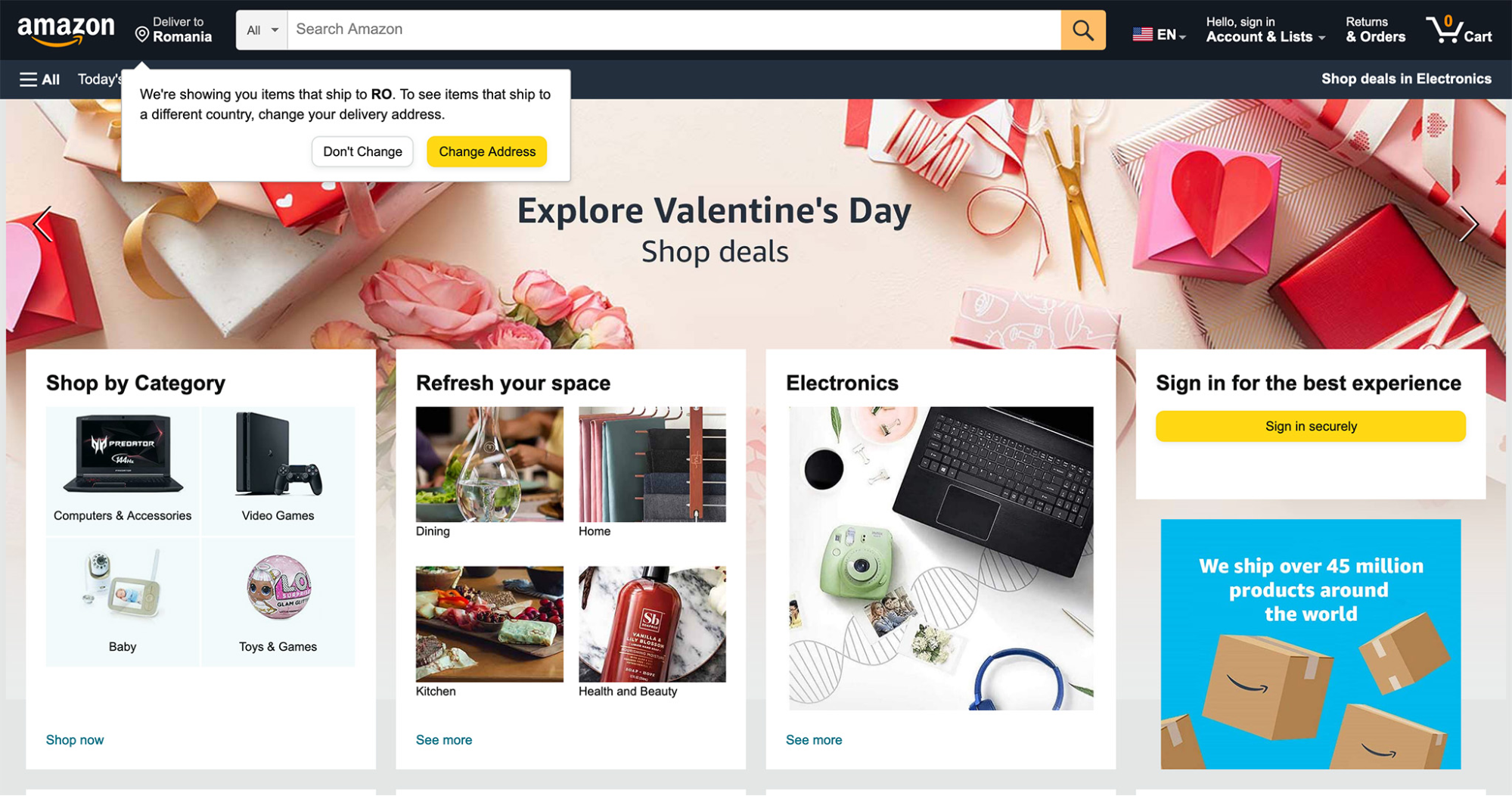 Amazon homepage screenshot showing Valentine's Day deals, shipping notice for Romania, and categories like electronics, video games, baby products, home, kitchen, and health and beauty