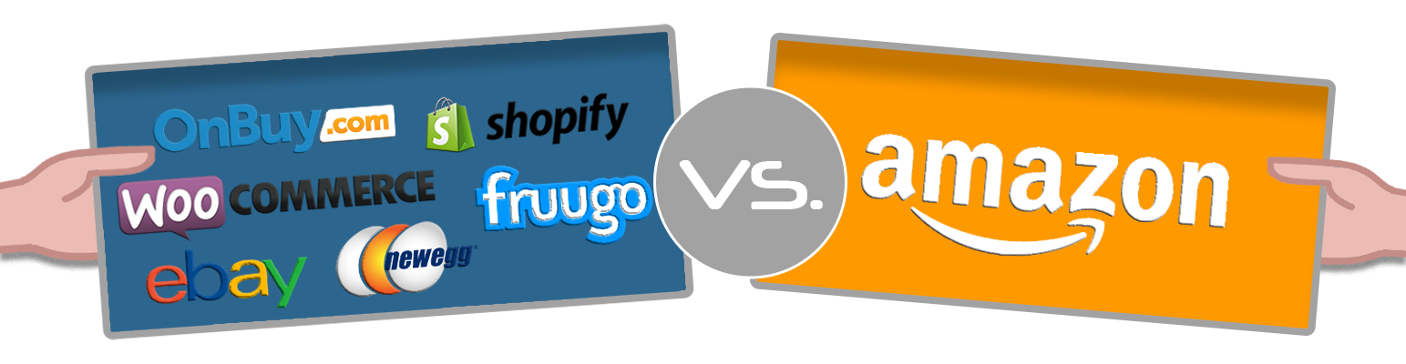 Comparison graphic showing Amazon versus other e-commerce platforms including OnBuy, Shopify, WooCommerce, Fruugo, eBay, and Newegg.
