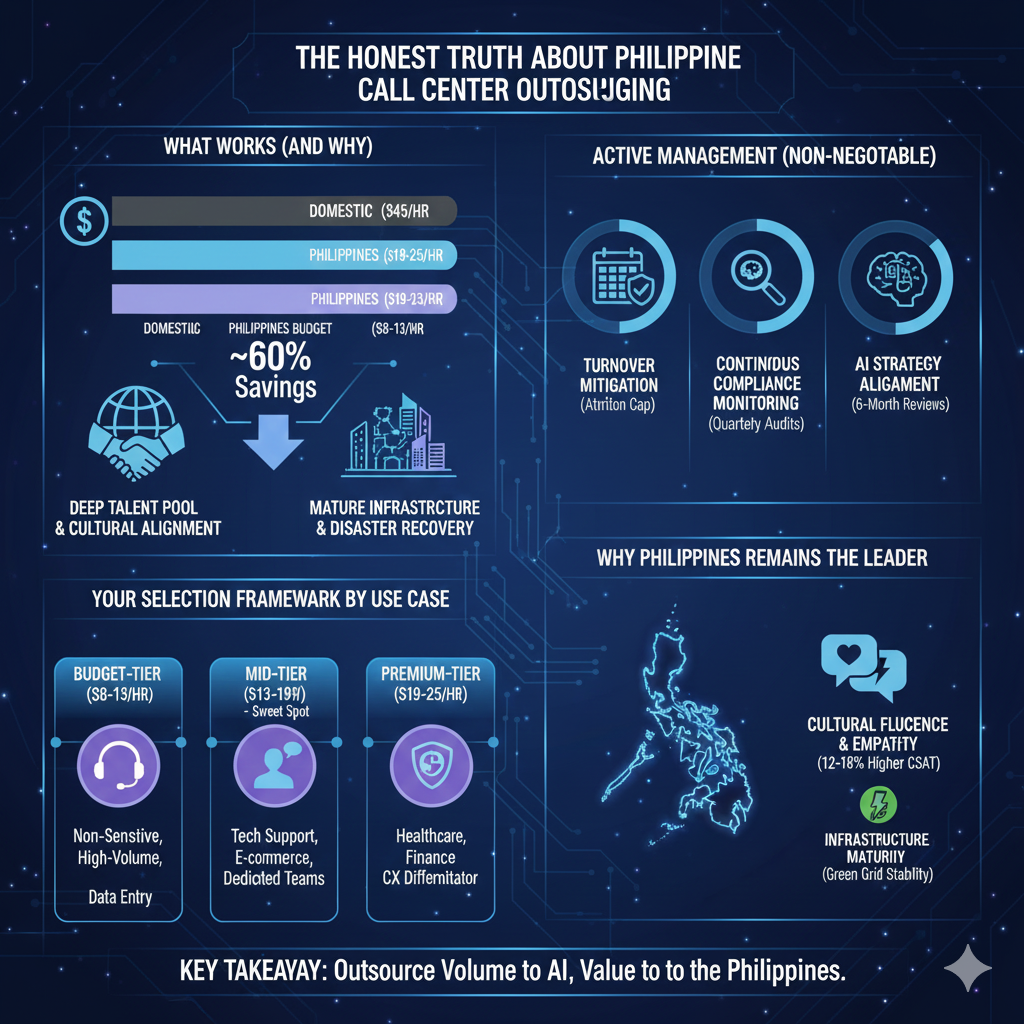 Comprehensive infographic showing Philippine BPO outsourcing advantages including 60% cost savings, active management requirements, and selection framework by use case tier.