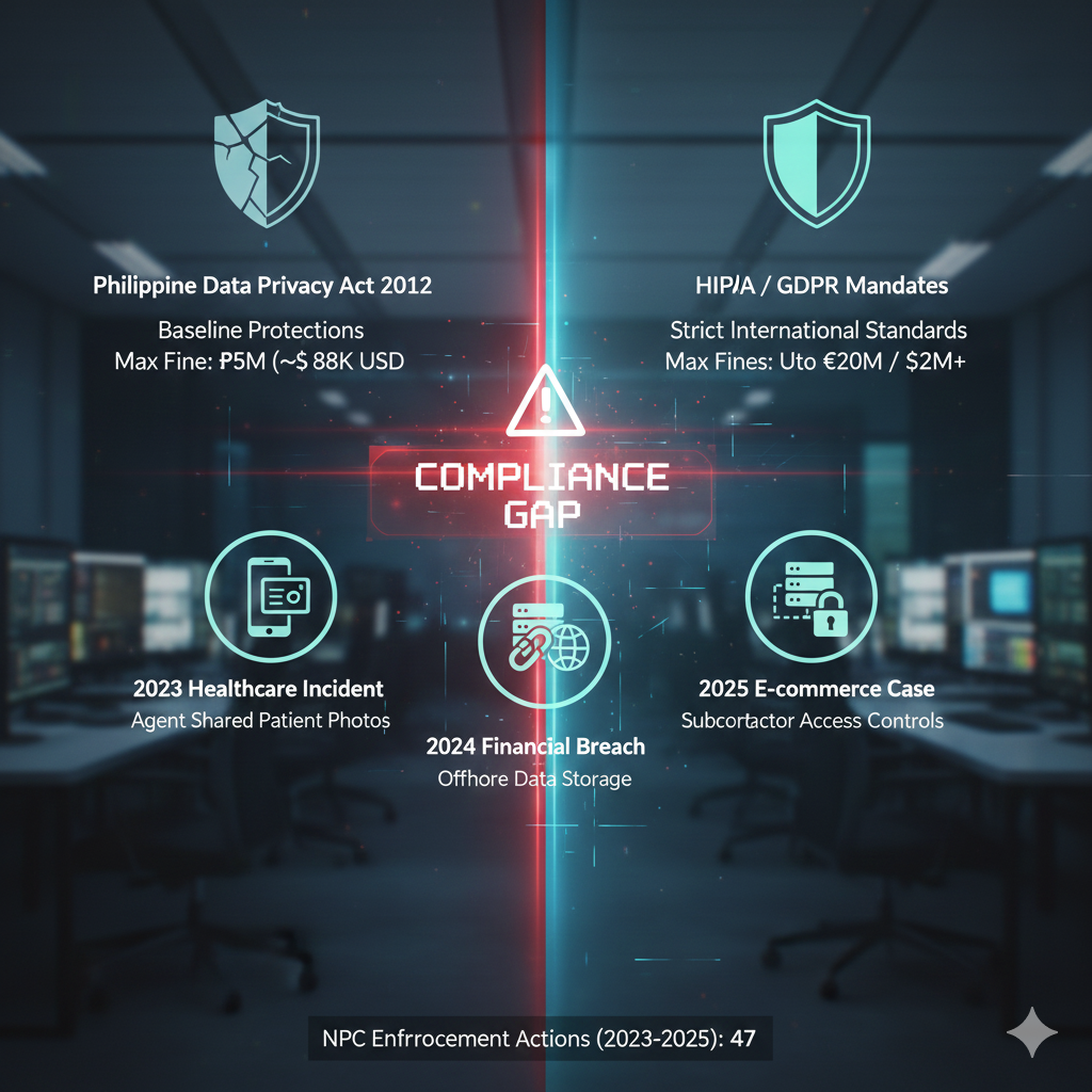 Data compliance visualization showing the gap between Philippine Data Privacy Act 2012 and strict HIPAA-GDPR international standards with enforcement action examples.