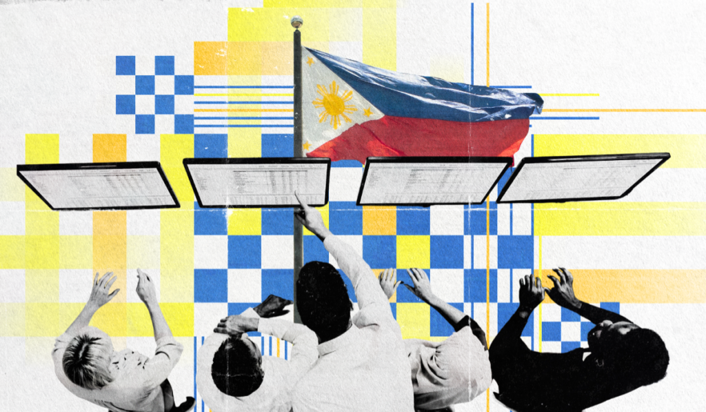 Artistic illustration of Philippine call center workers reaching upward beneath the national flag with digital geometric overlay representing the BPO industry.