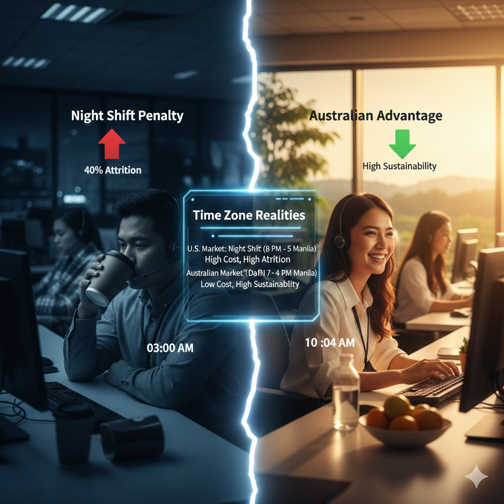 Split-screen comparison showing night shift penalty and high attrition in US markets versus Australian market advantage with high sustainability for Philippine call centers.