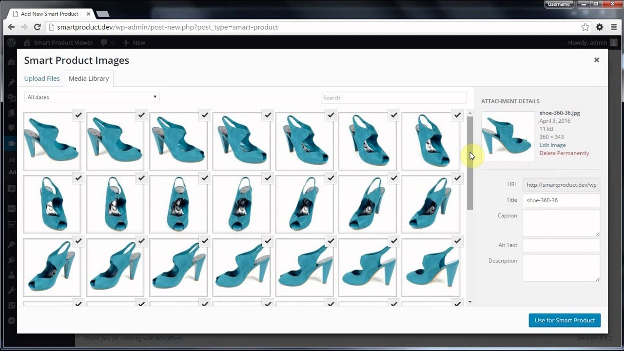 WordPress media library showing multiple 360-degree images of a blue high-heeled shoe for a smart product listing.