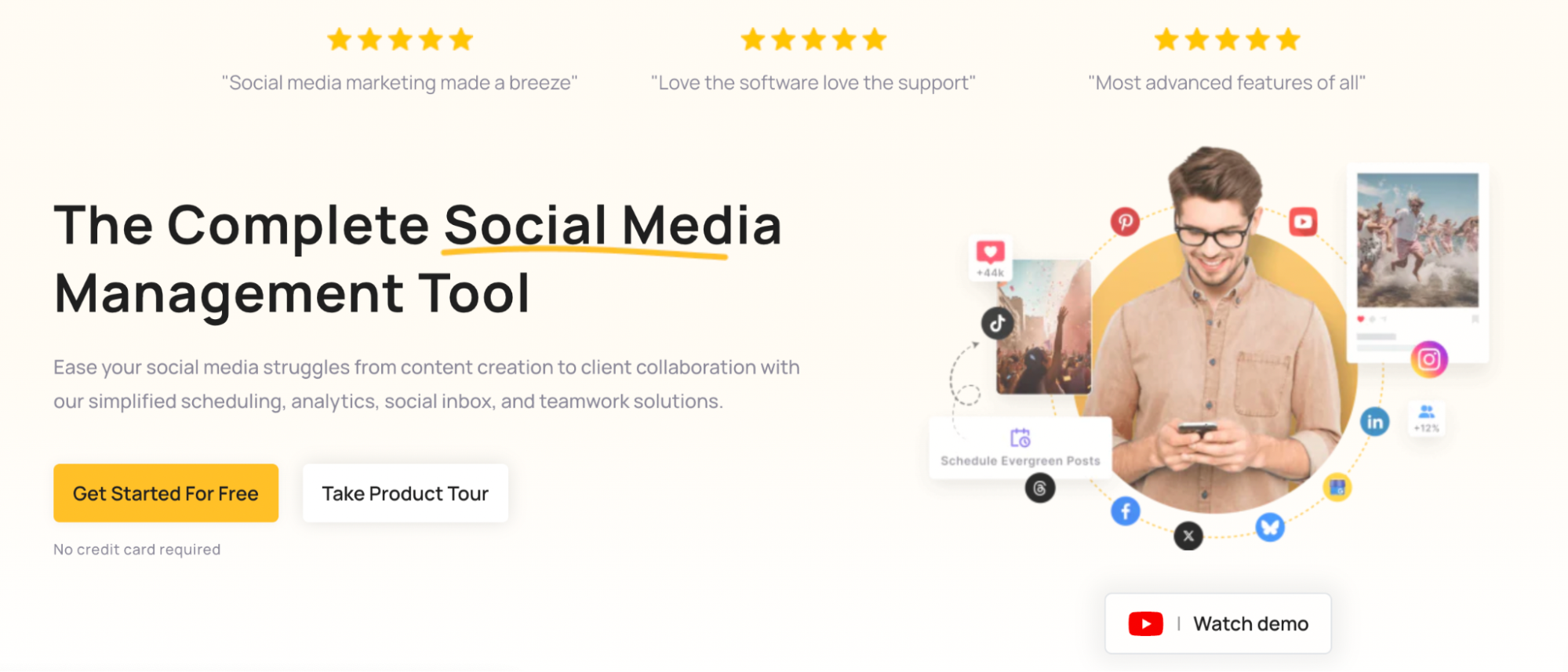 Promotional banner showing a smiling man using a phone with social media icons and a CTA for a social media management tool.