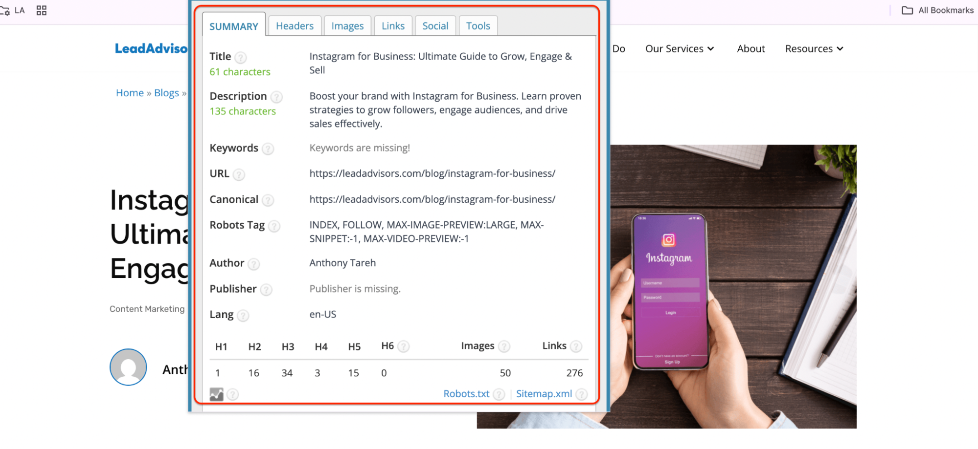 Screenshot of the LeadAdvisors blog post titled "Instagram for Business" showing a phone with the Instagram login screen.