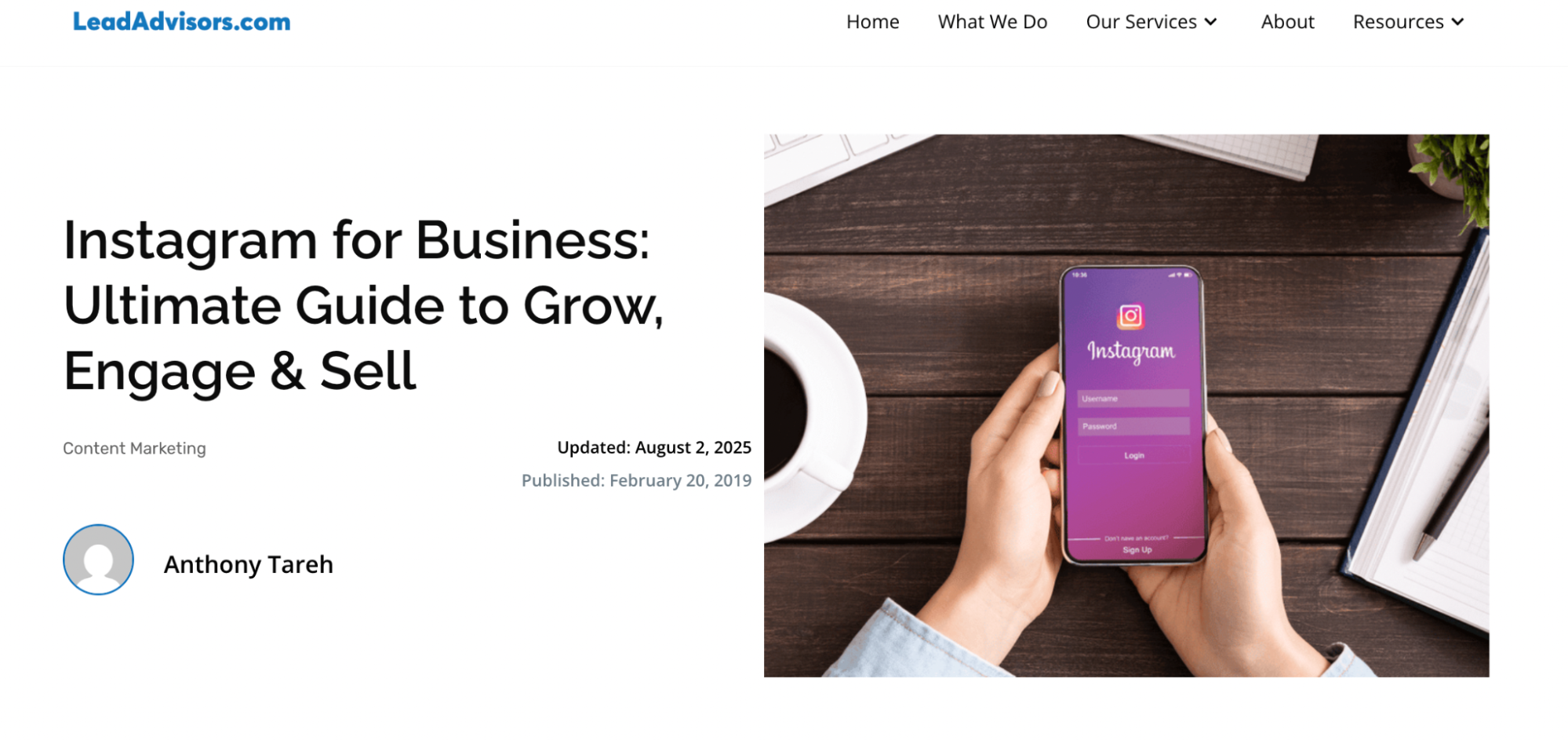 Screenshot of the LeadAdvisors blog post titled "Instagram for Business" showing a phone with the Instagram login screen.