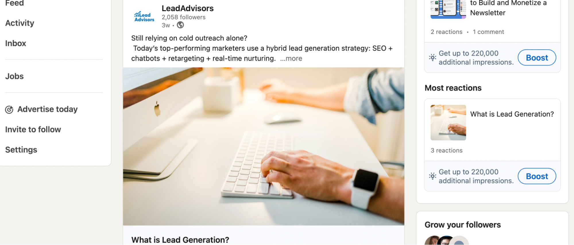 LinkedIn post by LeadAdvisors promoting hybrid lead generation strategies with an image of a person typing on an iMac keyboard.