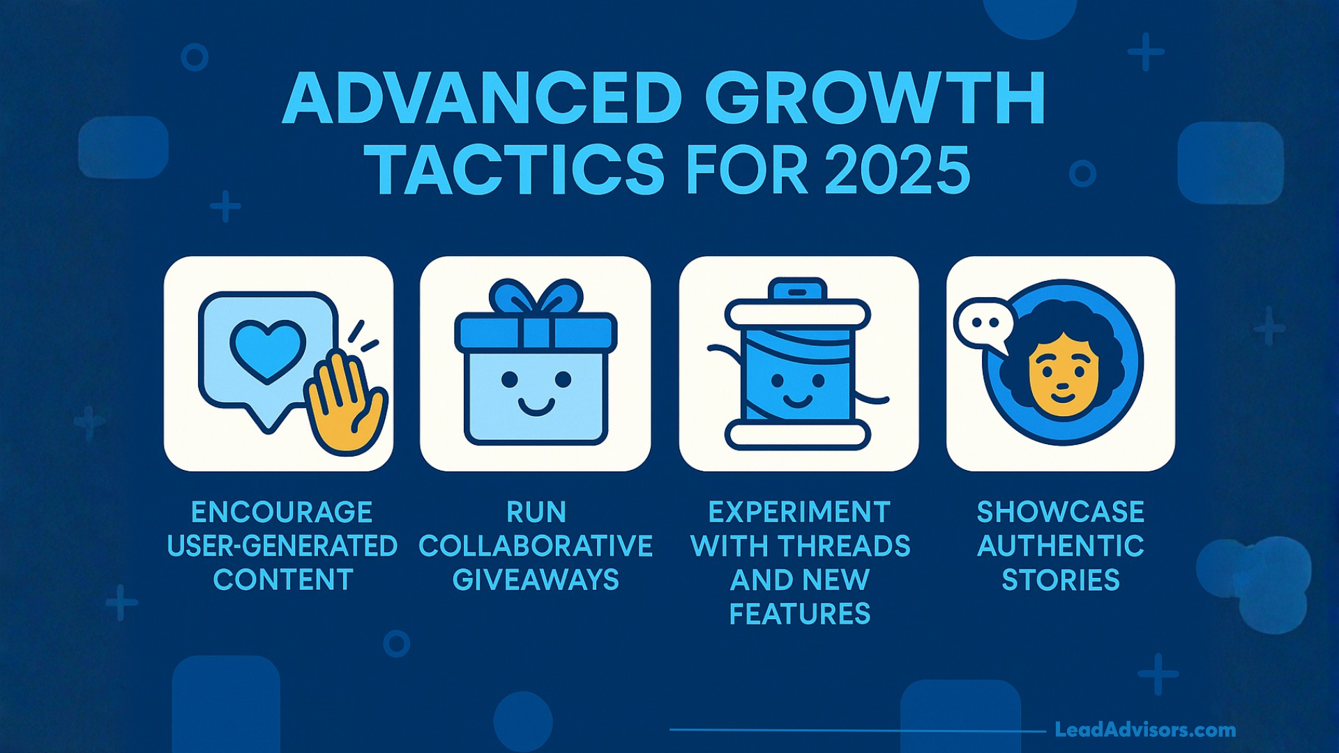 A blue infographic titled Advanced Growth Tactics for 2025 lists four strategies on how to get Instagram followers: encourage user-generated content, run collaborative giveaways, experiment with threads and new features, and showcase authentic stories.