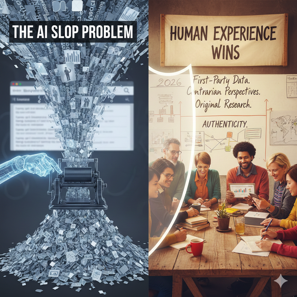 Split image contrasting AI-generated content overload with authentic human collaboration emphasizing first-party data and original research.