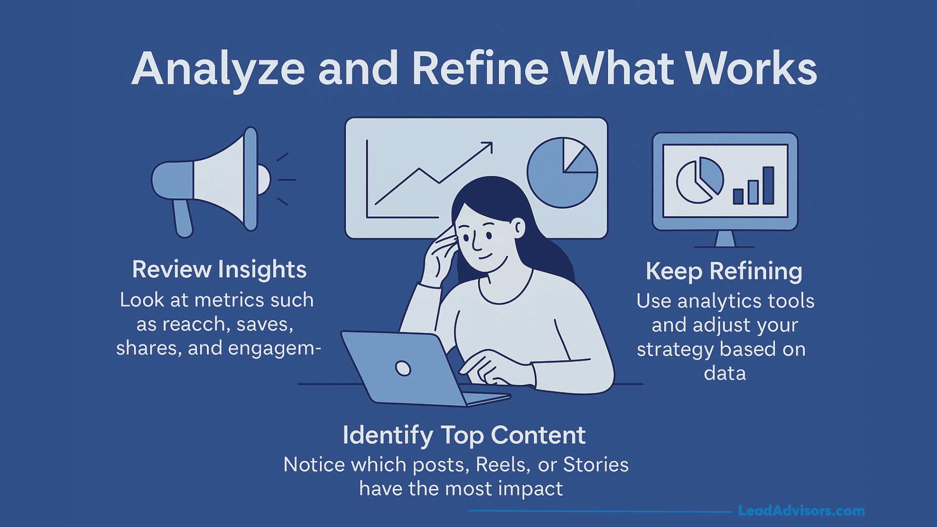 A woman sits at a laptop surrounded by icons: a megaphone, charts, and graphs. Text explains steps like using analytics to review insights and identify top content—key tips for anyone learning how to get Instagram followers effectively.