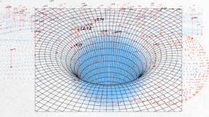 A grid-like 3D illustration shows a funnel-shaped depression—resembling a gravity well—scattered with numbers and data points, subtly hinting at the analytics behind the Best Lead Generation Tools, all set on a white canvas.