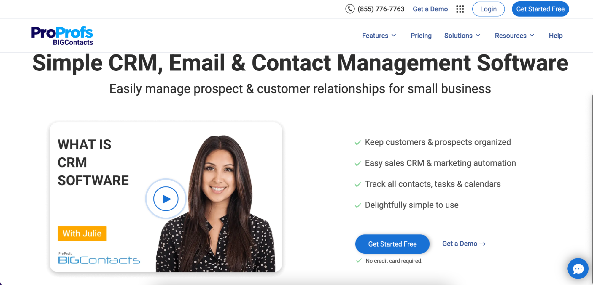 Screenshot of a ProProfs BIGContacts webpage promoting CRM, email, and contact management software. Features include marketing automation, contact tracking, and sales management—highlighting the best CRM for lead management. A woman appears with a play button labeled With Julie.