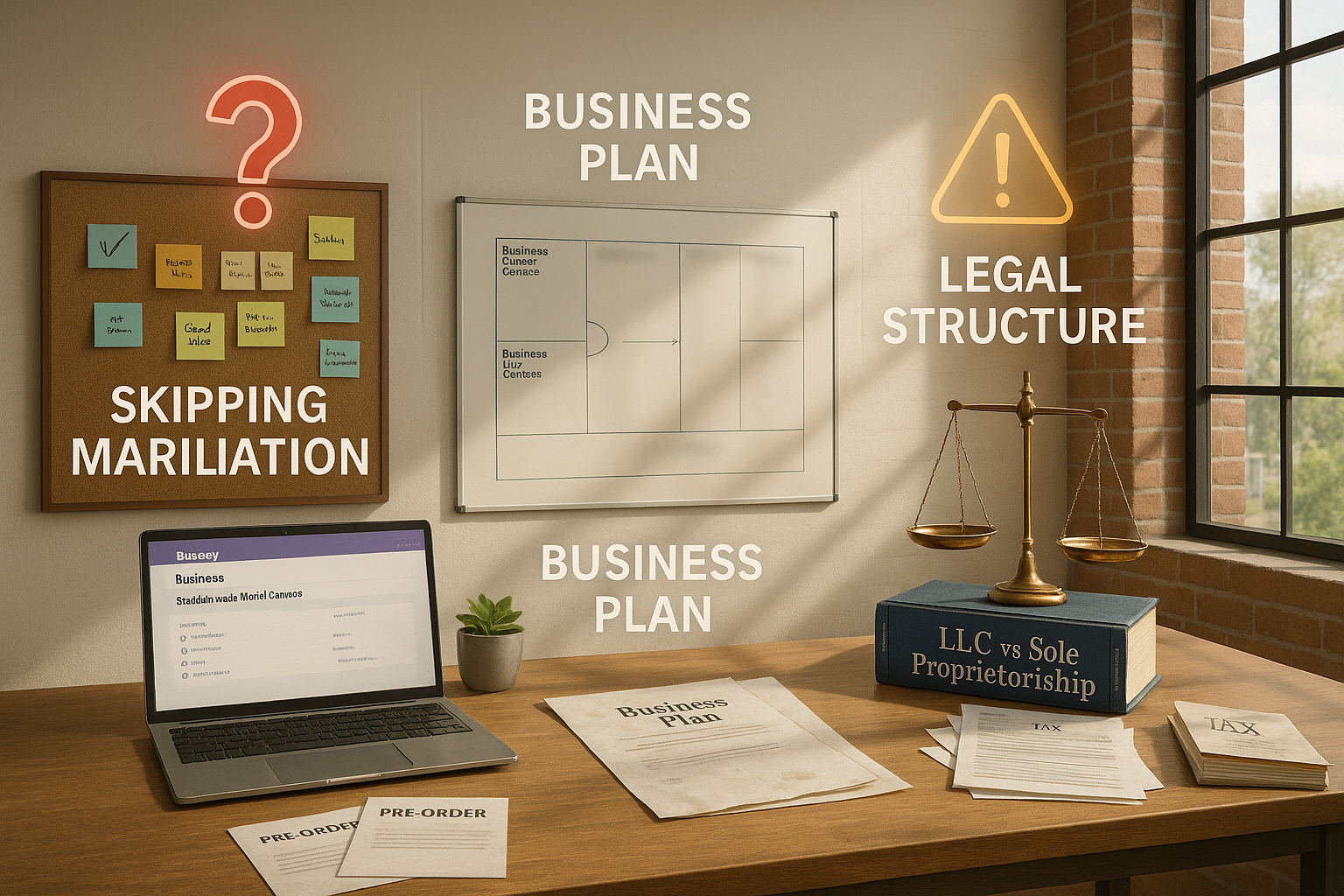 A desk with business documents, a laptop, scales of justice, a plant, and tax forms. On the wall are a business plan board noting Entrepreneur Mistakes, legal structure sign, and Skipping Mariliation notes. Sunlight shines through a window.