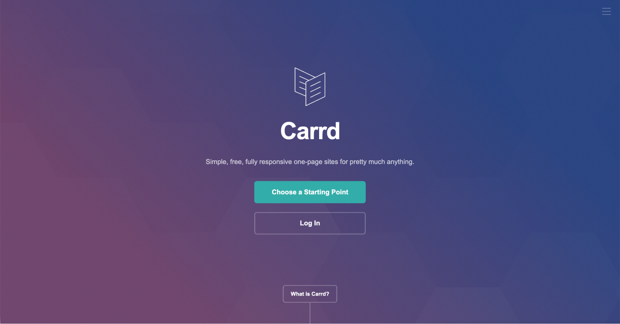 Carrd website homepage with a gradient blue-purple background, Carrd logo, and text: Simple, free, fully responsive one-page sites for pretty much anything—including showcasing the Best Lead Generation Tools. Two buttons: Choose a Starting Point and Log In.