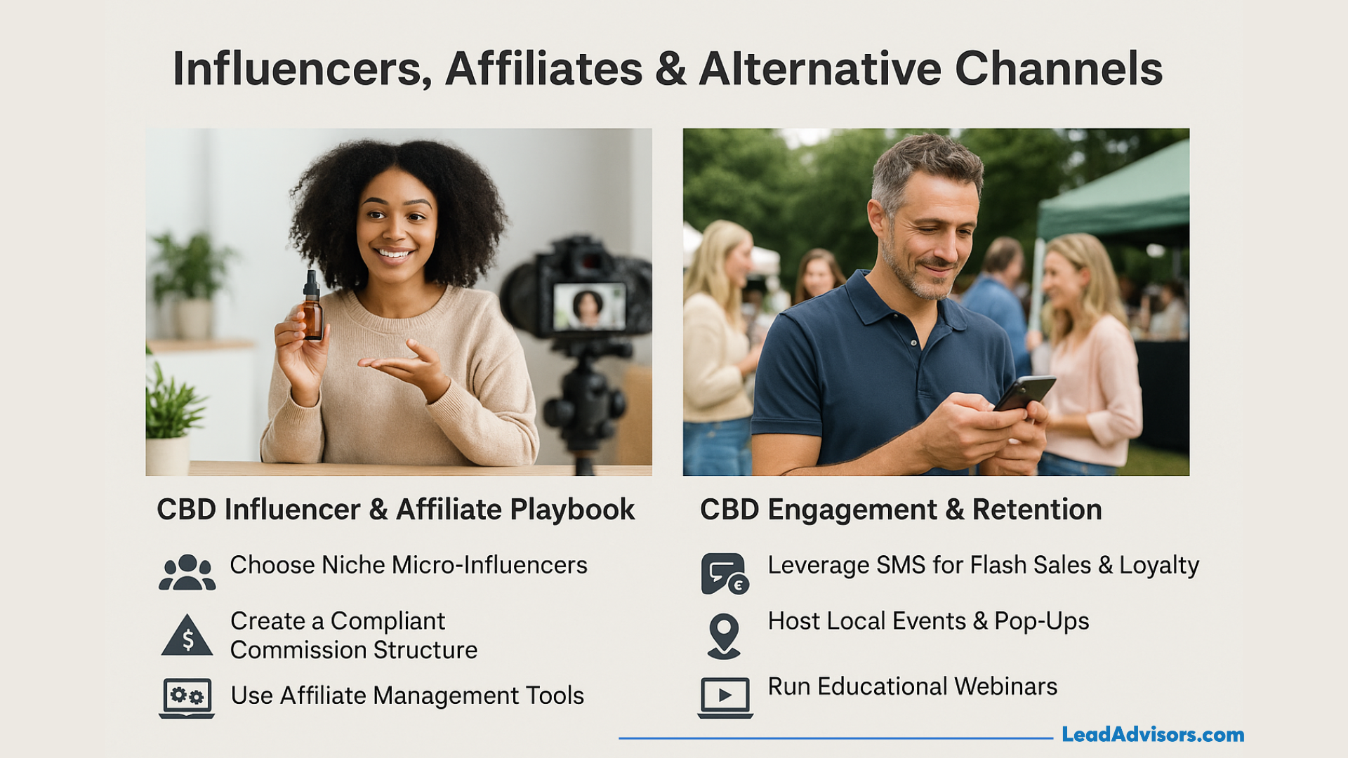 Infographic titled "Influencers, Affiliates & Alternative Channels" with two sections. On the left, CBD Influencer & Affiliate Playbook suggests choosing niche micro-influencers, creating a compliant commission structure, and using affiliate management tools (image of a woman recording a product demo). On the right, CBD Engagement & Retention highlights leveraging SMS for flash sales, hosting local events and pop-ups, and running educational webinars (image of a man checking his phone at an outdoor event). Branding at the bottom: LeadAdvisors.com.