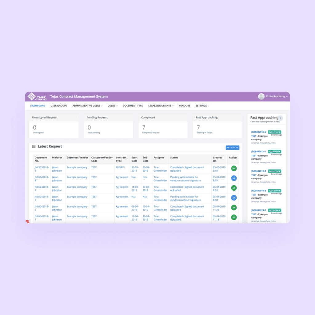 Contract Management Software dashboard