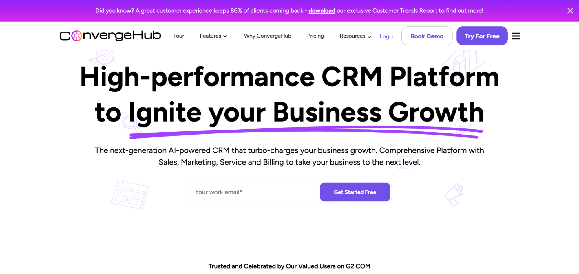 Screenshot of ConvergeHub’s homepage featuring the headline “High-performance CRM Platform to Ignite your Business Growth” and a call-to-action to enter an email and click “Get Started Free,” highlighting it among the best lead generation tools.