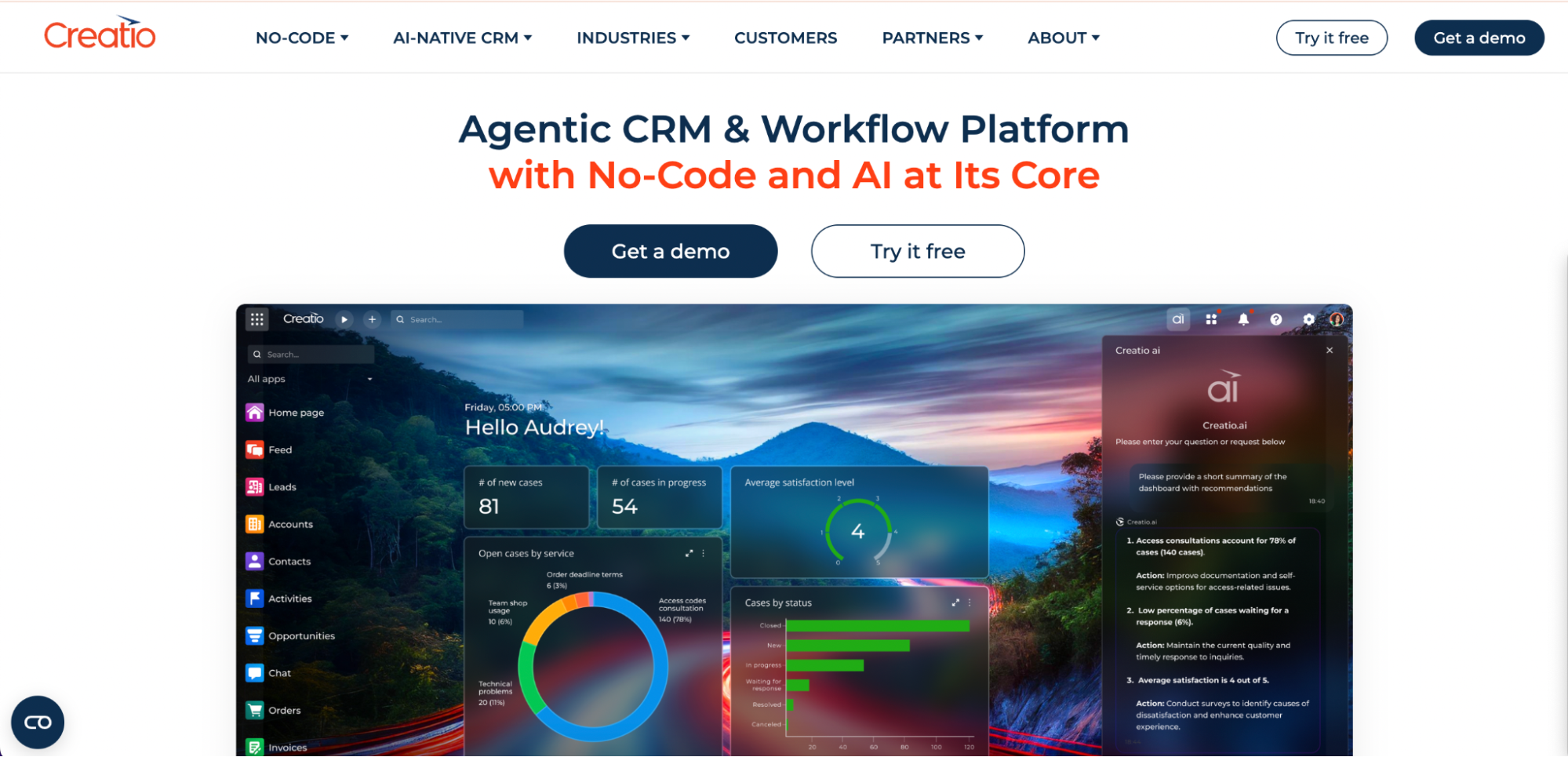 A website homepage for Creatio, showcasing the best CRM for lead management and an AI-powered workflow platform. The page features a dashboard with charts and statistics, plus prominent Get a demo and Try it free buttons.